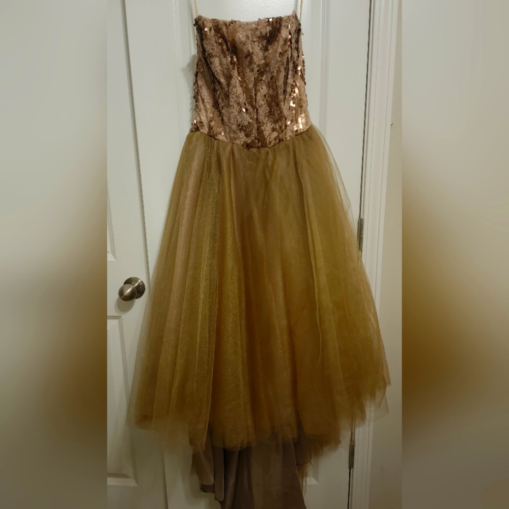 Custom made strapless gold sequin tulle gown